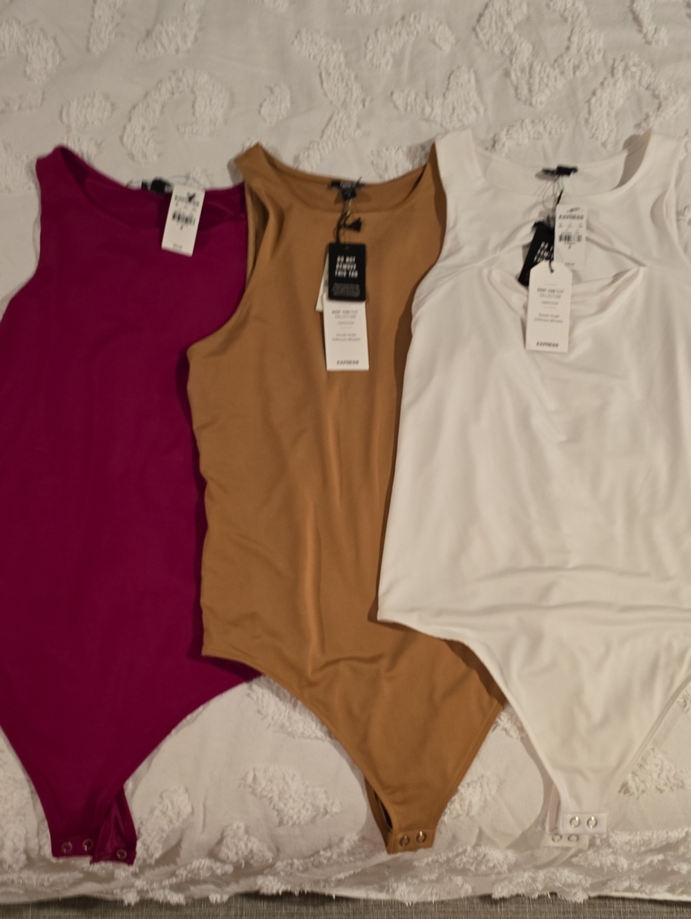 Express Three-Pack Sleeveless Bodysuits - Magenta, Tan, White